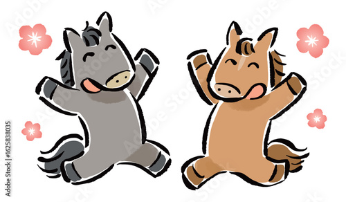 ジャンプして喜びを表すゆるキャラの馬（午）たち