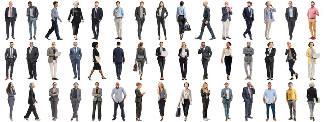 Set of business people in various actions on isolated background. Businesspeople, businesswomen, businessmen office worker in full body length studio professional shot in casual and formal wear