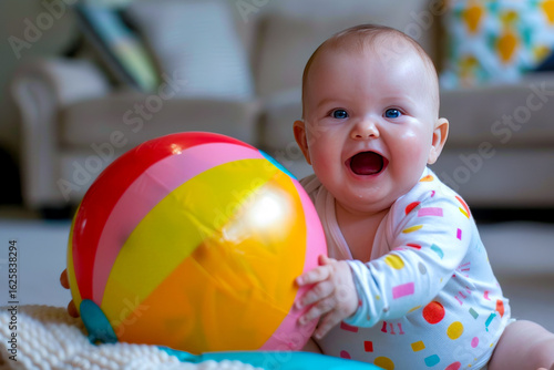 A baby's excitement at seeing a colorful beach ball.
