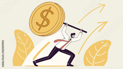 Businessman Effortlessly Rolling Giant Dollar Coin, Upward Growth, Financial Success, Modern Minimalist Style Illustration