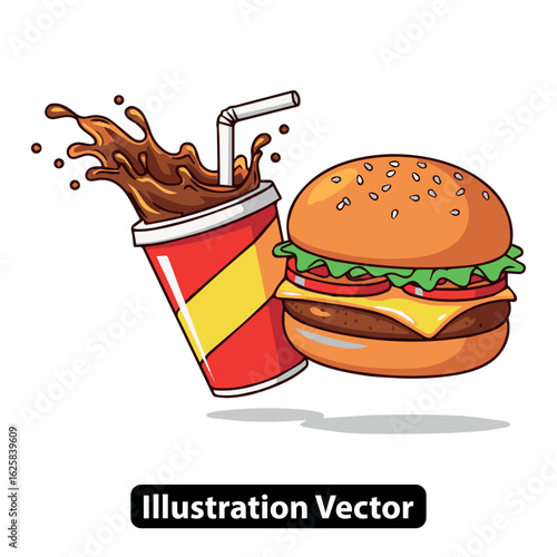 A classic fast food meal illustration with a juicy hamburger and a splashing soda drink.