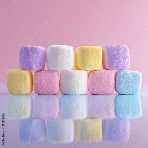 Stacked pastel-colored marshmallow cubes, reflected on a light pink surface