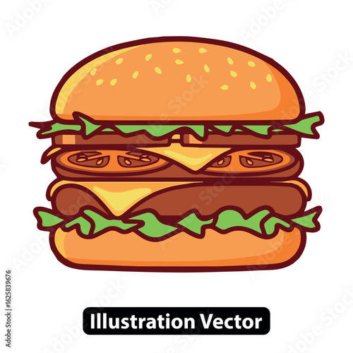 Cartoon style double cheeseburger with lettuce and tomato, a classic fast food meal icon