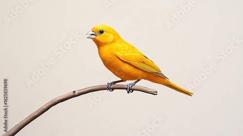 Bright Yellow Canary Perched on Branch Against Neutral Background