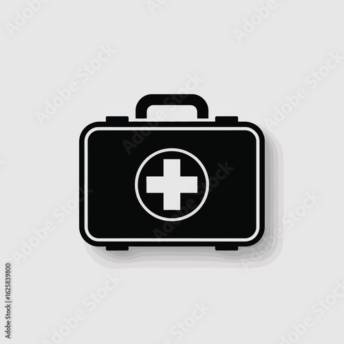 Black medical first aid kit icon with white cross on a light gray background