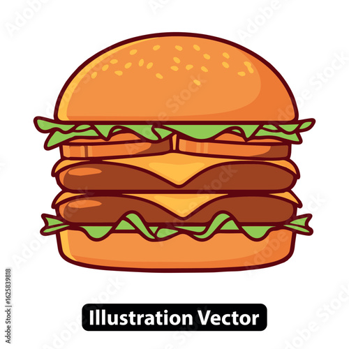 Cartoon double cheeseburger with lettuce and tomato vector illustration on a white background