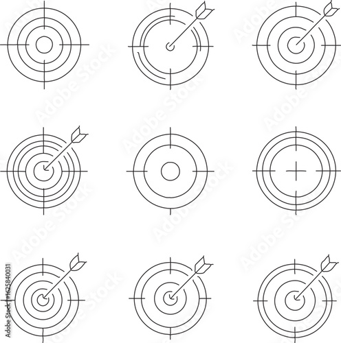 
A comprehensive set of minimalist outline icons, all related to a central target or goal, including arrows hitting the bullseye, a magnifying glass for focus,