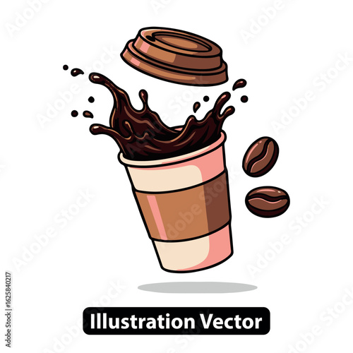 Takeaway coffee cup with a dynamic splash and beans. Vector illustration for cafe concepts.