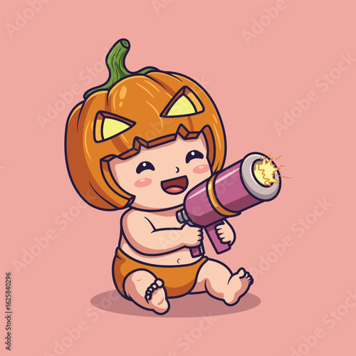 Cute Baby in Pumpkin Costume with Ray Gun for Halloween. illustration vector