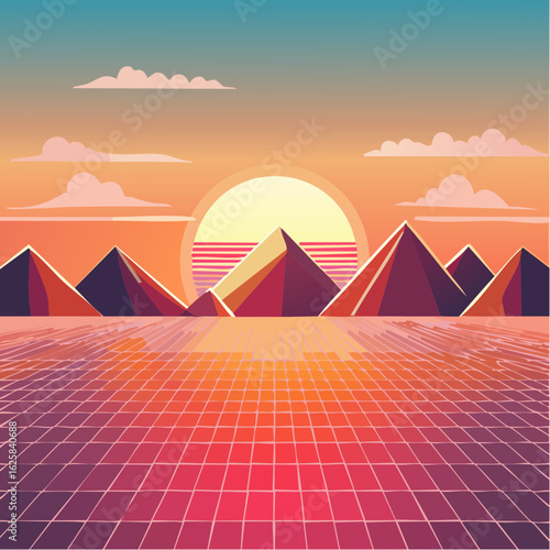 Vibrant retro sunset over a grid landscape with mountains