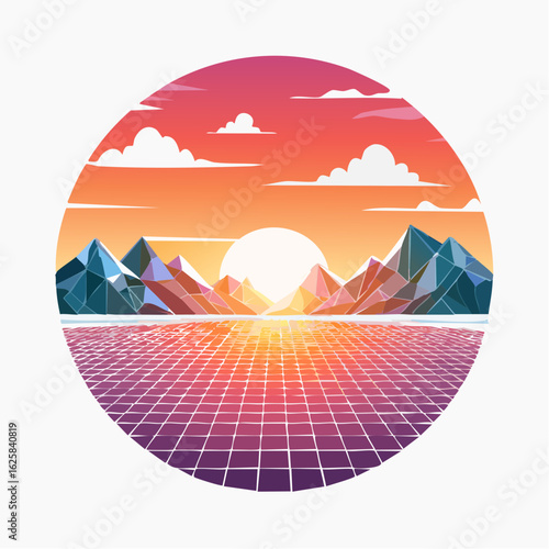 Vibrant retro sunset over a grid landscape with mountains