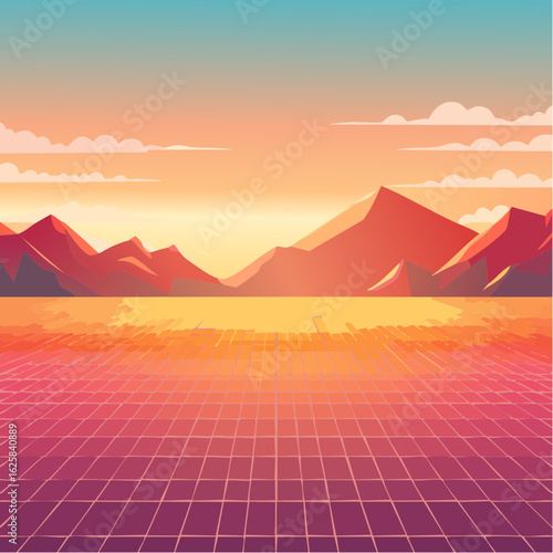 Vibrant retro sunset over a grid landscape with mountains
