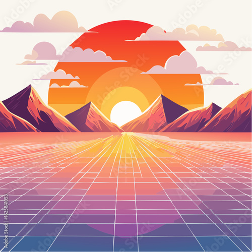 Vibrant retro sunset over a grid landscape with mountains