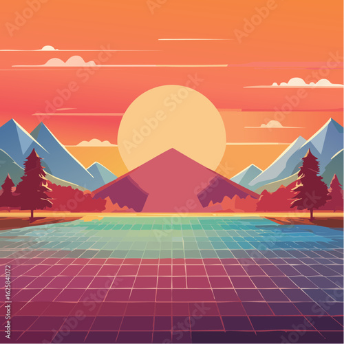 Vibrant retro sunset over a grid landscape with mountains