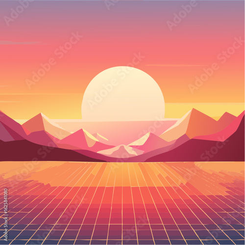 Vibrant retro sunset over a grid landscape with mountains