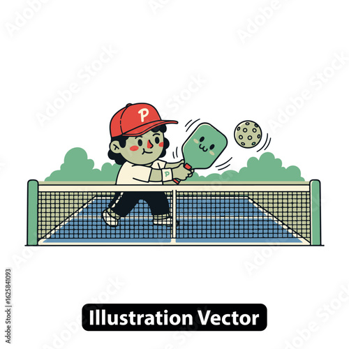 Cute cartoon character playing pickleball game on an outdoor court. Playful vector illustration of a sport.