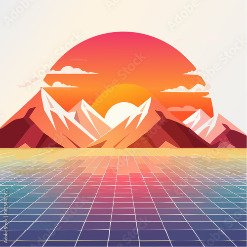 Vibrant retro sunset over a grid landscape with mountains