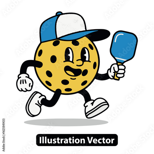 Retro cartoon pickleball character mascot running with a paddle. Vector illustration.