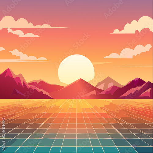 Vibrant retro sunset over a grid landscape with mountains