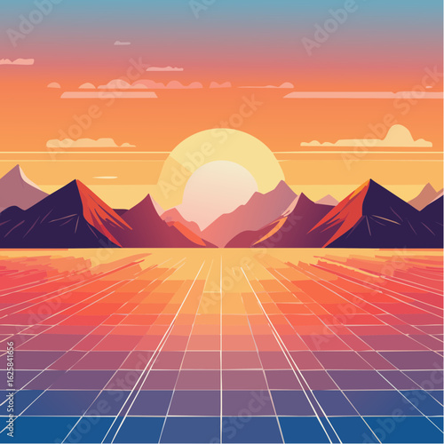 Vibrant retro sunset over a grid landscape with mountains