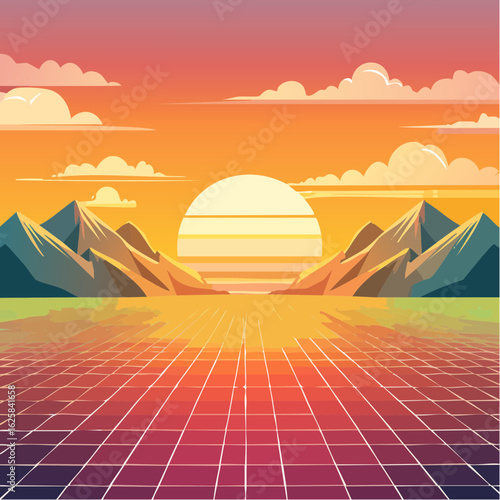 Vibrant retro sunset over a grid landscape with mountains