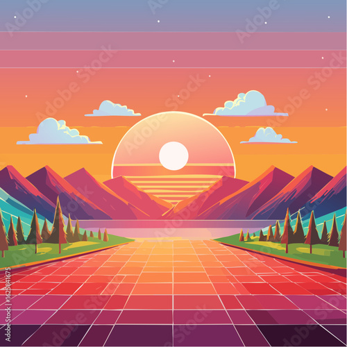 Vibrant retro sunset over a grid landscape with mountains