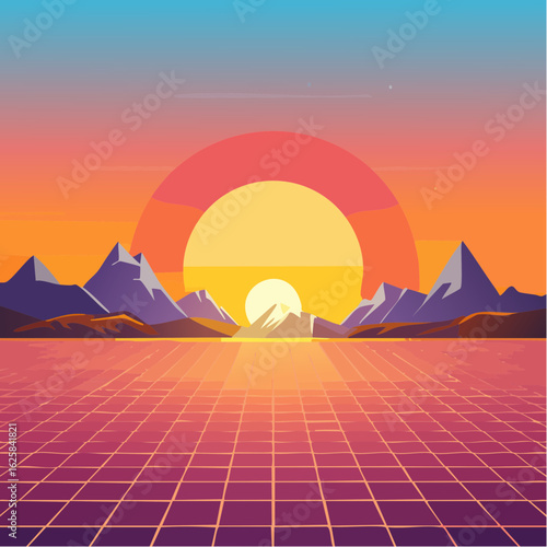 Vibrant retro sunset over a grid landscape with mountains