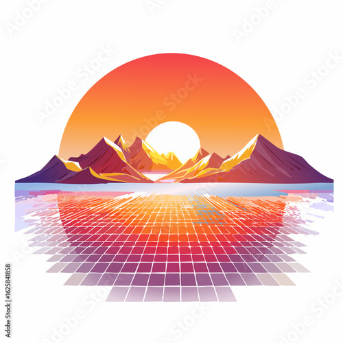Vibrant retro sunset over a grid landscape with mountains