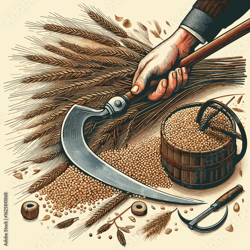 Vintage agricultural illustration featuring hand holding a sickle with wheat and grains in rustic style