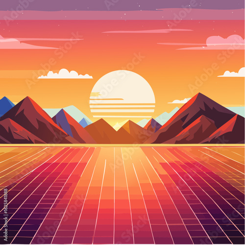 Vibrant retro sunset over a grid landscape with mountains