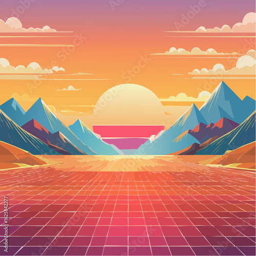Vibrant retro sunset over a grid landscape with mountains