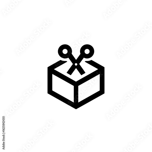 Abstract line drawing of scissors cutting an open box, showing precision. Concept for crafting projects, logistics solutions and package delivery icon