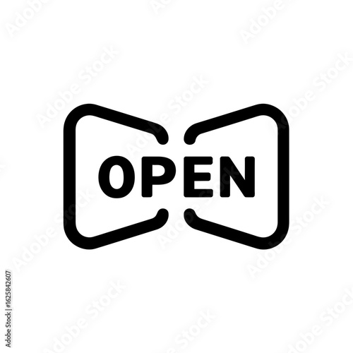 Simple line art illustration of the word 'OPEN' in stylized brackets on a white background, concept for retail signage, business availability, and welcoming customers