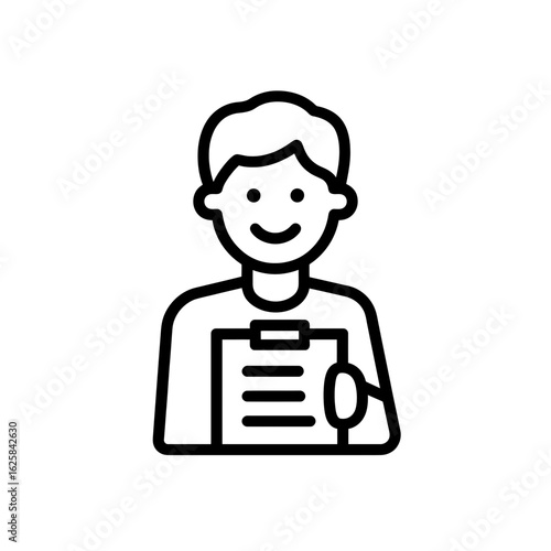Outline illustration of a cheerful administrator holding a clipboard with organized documents, concept for employee profile, task management and office administration services