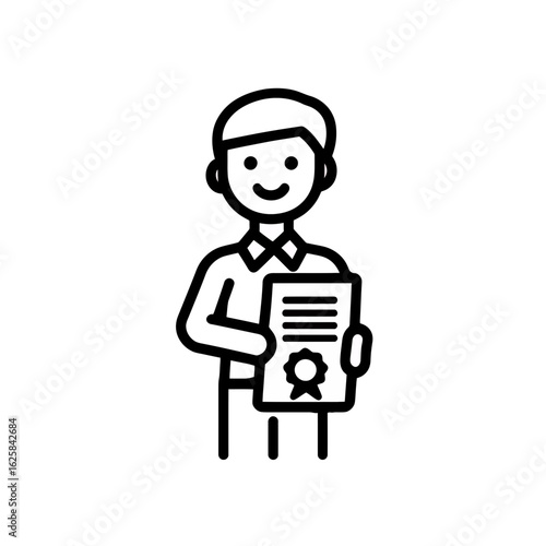Outline drawing of a smiling professional holding certificate with flower, concept for achievement illustration, job application, and educational program design.