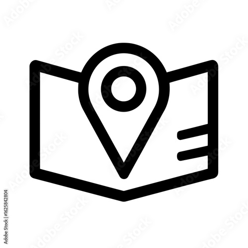 Simple line art of a map with a location pin indicating a specific point, concept for travel guides, delivery service markers and navigational applications.