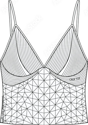 Crop top flat sketch, triangle bra top vector, spaghetti strap fashion drawing, seamless lingerie design, cad technical illustration