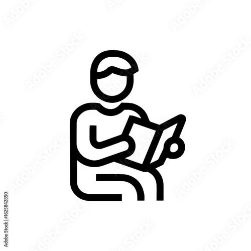 Minimalist line drawing showing a person seated and reading a book with focused attention, concept for educational materials, library resources and instructional guidance