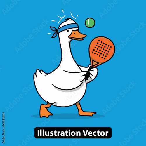 A funny cartoon duck character with a headband playing a racket sport like paddleball.