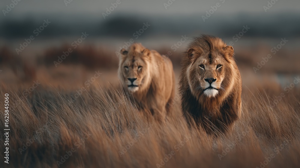 Naklejka premium Majestic Lions Roaming Freely Through the Golden Plains of the Savanna
