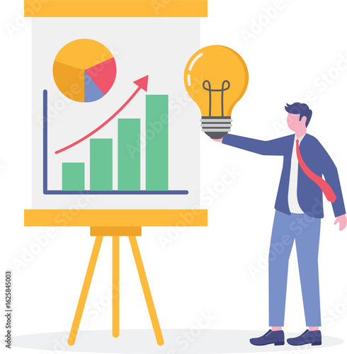 Flat illustration of businessman hold laptop analyzes data with lightbulb extracting insights for marketing research


