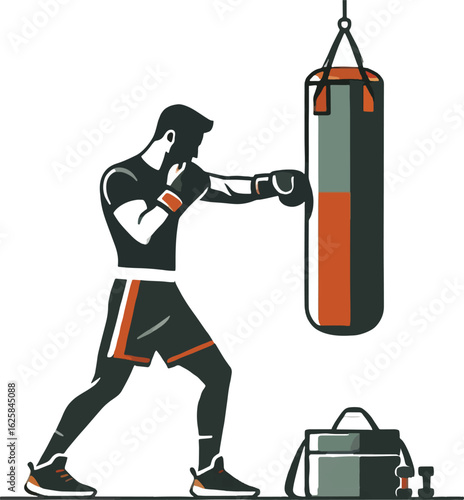 Boxer training with punching bag and gym bag boxing