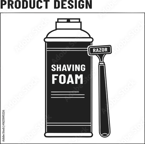 Illustration showcasing a shaving foam can paired with a razor silhouette black vector illustration