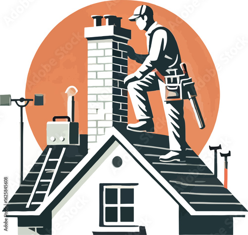 Chimney sweep working on rooftop with tools and equipment