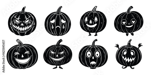 Emotional Halloween Pumpkin Faces Silhouette Vector Design Set.