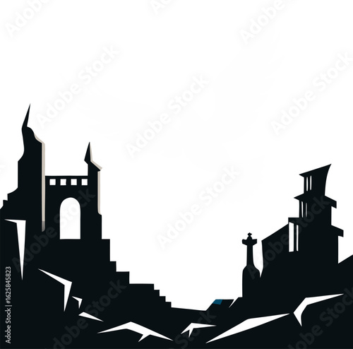 White dove flying over a ruined city silhouette