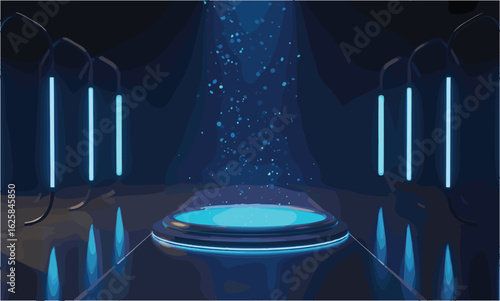 Futuristic glowing platform with blue light particles in dark chamber technology science fiction