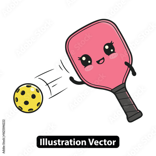 Cute pink pickleball paddle character hitting a yellow ball, kawaii sports mascot illustration