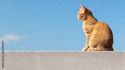 Orange Cat Sitting on a Wall Against a Clear Blue Sky