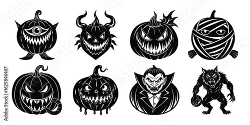 Monster-Inspired Pumpkin Faces Halloween Silhouette Vector Collection.